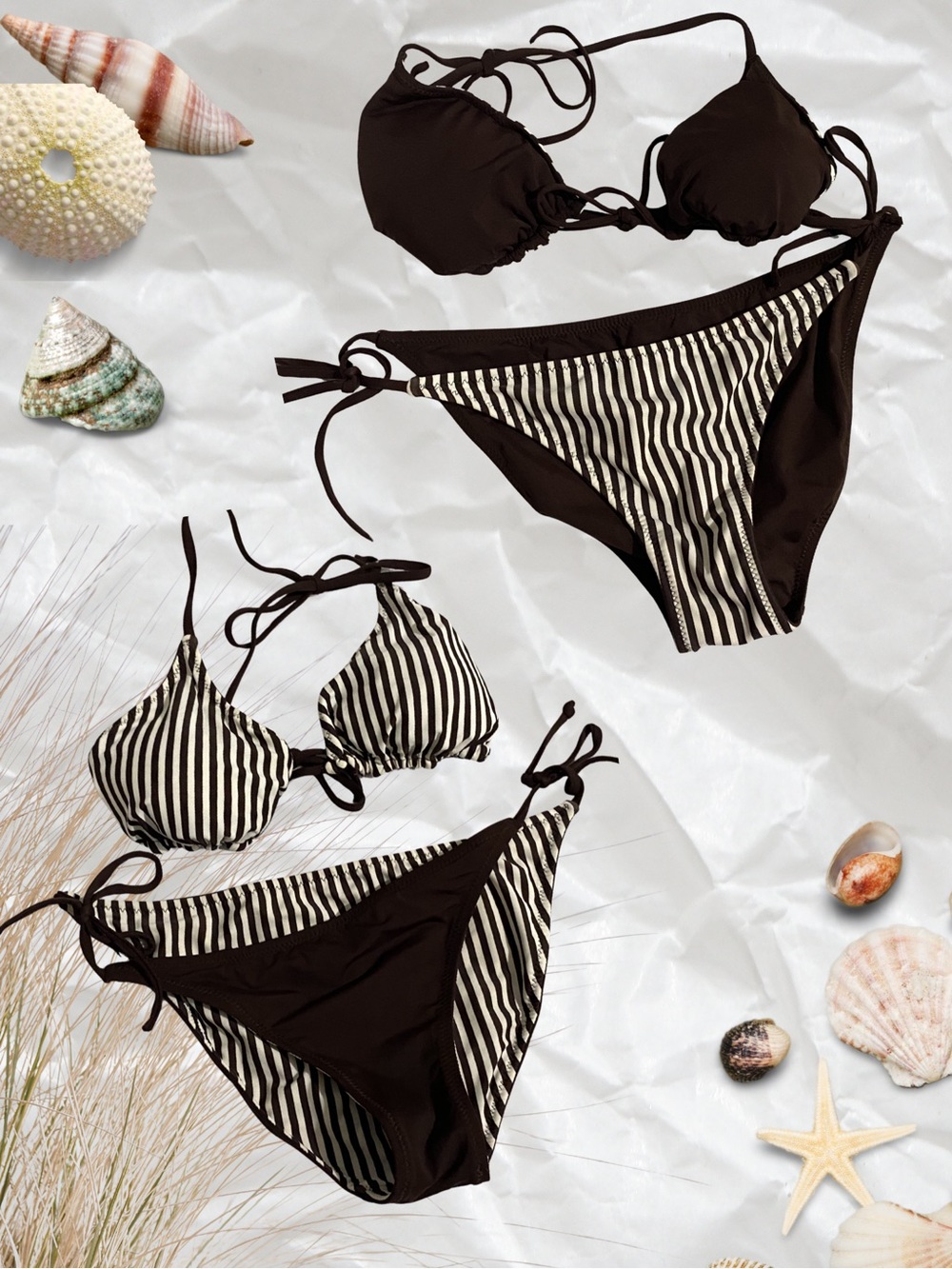 Reversible Brown & Cream Stripe Tie-Side Bikini Set